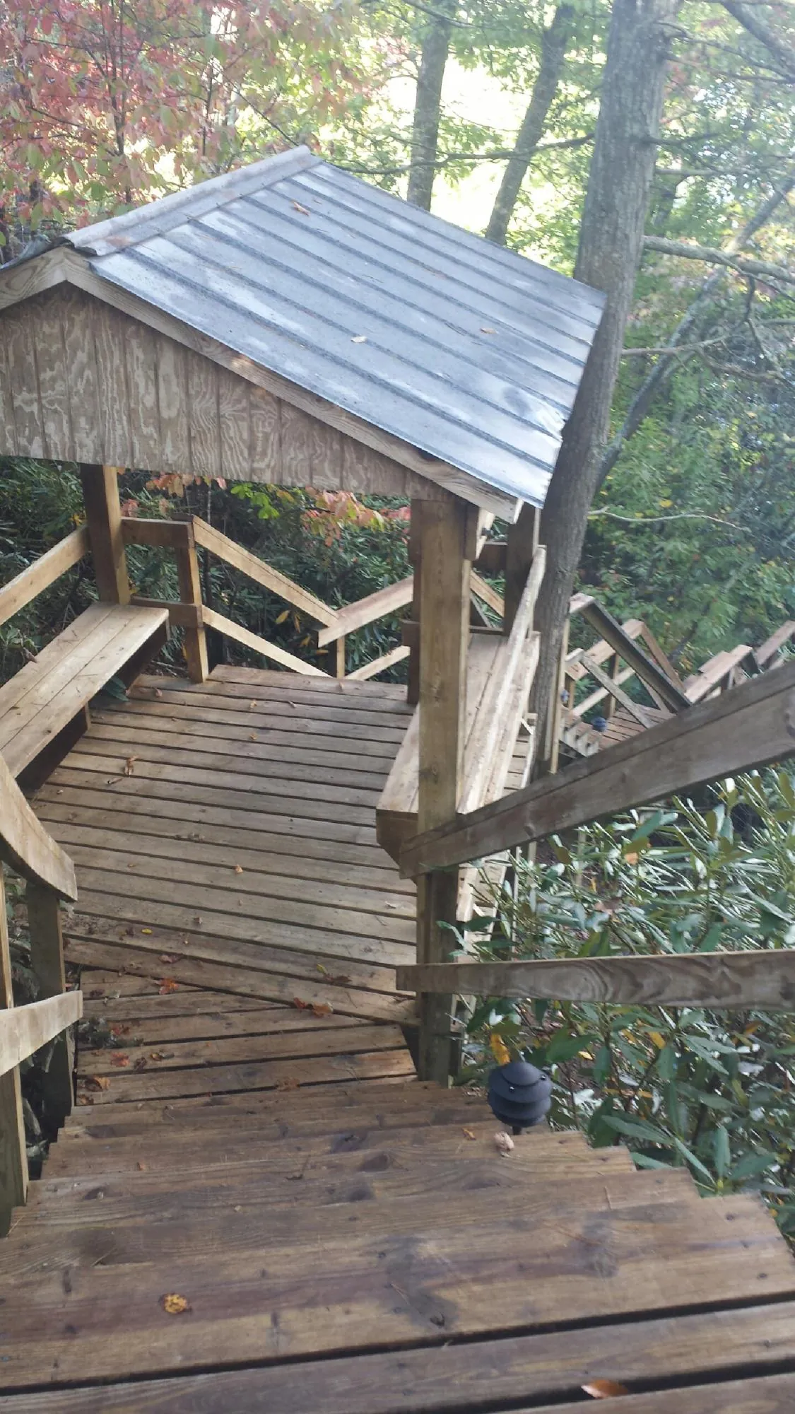 Metal roofed shelter over wooden steps on a wooded walkway — Skylight Repair & Installation work by our crew in Traverse City